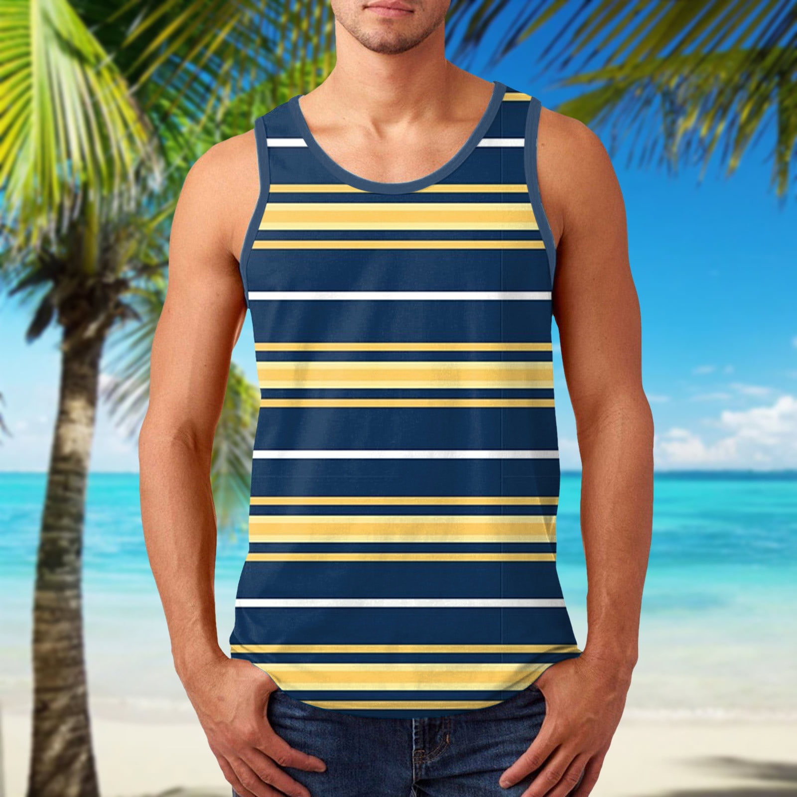 Yellow Mens Tank Tops Men Summer Stripe Fashion Casual Sports Beach Sleeveless Top Tank Tops