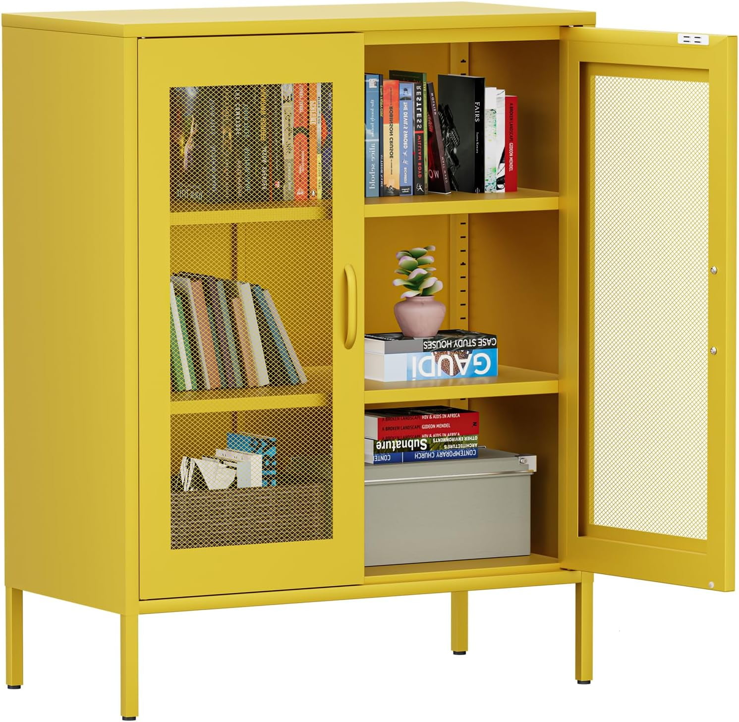Yellow Metal Storage Cabinet with 2 Mesh Doors,Metal Locker Storage ...