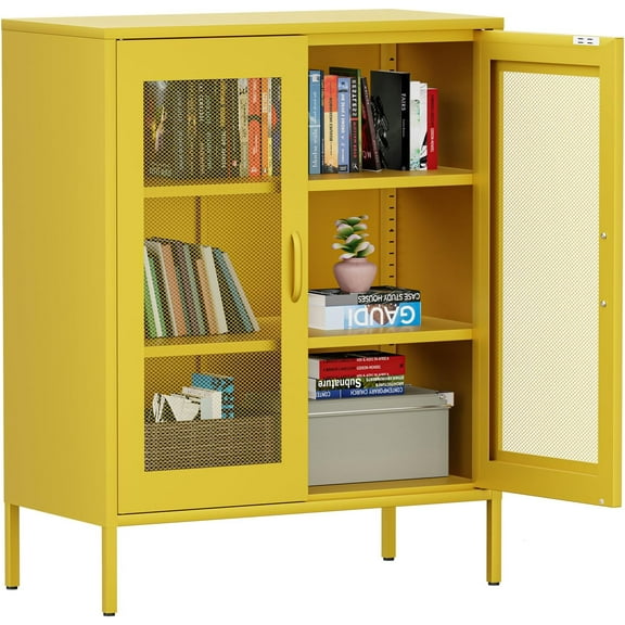 Yellow Metal Storage Cabinet with 2 Mesh Doors,Metal Locker Storage Cabinet with Adjustable Shelves,Coffee Bar for Pantry, Kitchen,Dining Room, Entryway