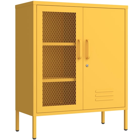 Yellow Metal Storage Cabinet with Lock 3-Tier Freestanding Locker Organizer with Mesh Ventilated Door Multipurpose Accent Cabinet Locker Adjustable legs For Hallway Living Room, Entryway, Home Office