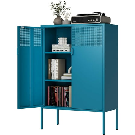 Blue Metal Storage Cabinet - 3 Tier Steel Office Storage Cabinet with Doors and Shelves for Home, Office and Kitchen
