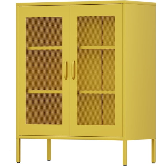Yellow Metal Storage Cabinet with Mesh Doors, Office Metal Locker Cabinet, Metal Display Cabinet with 2 Adjustable Shelves for Home, Office, Kitchen