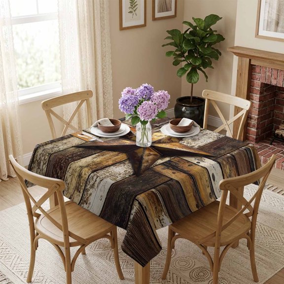 Yellow Metallic Stars Square Tablecloth 54x54 Inch Retro Wood Grain Waterproof Polyester Tablecloth for Dining Table, Washable Table Cover for Kitchen Dining Room Wedding Decoration,Stain Resistant