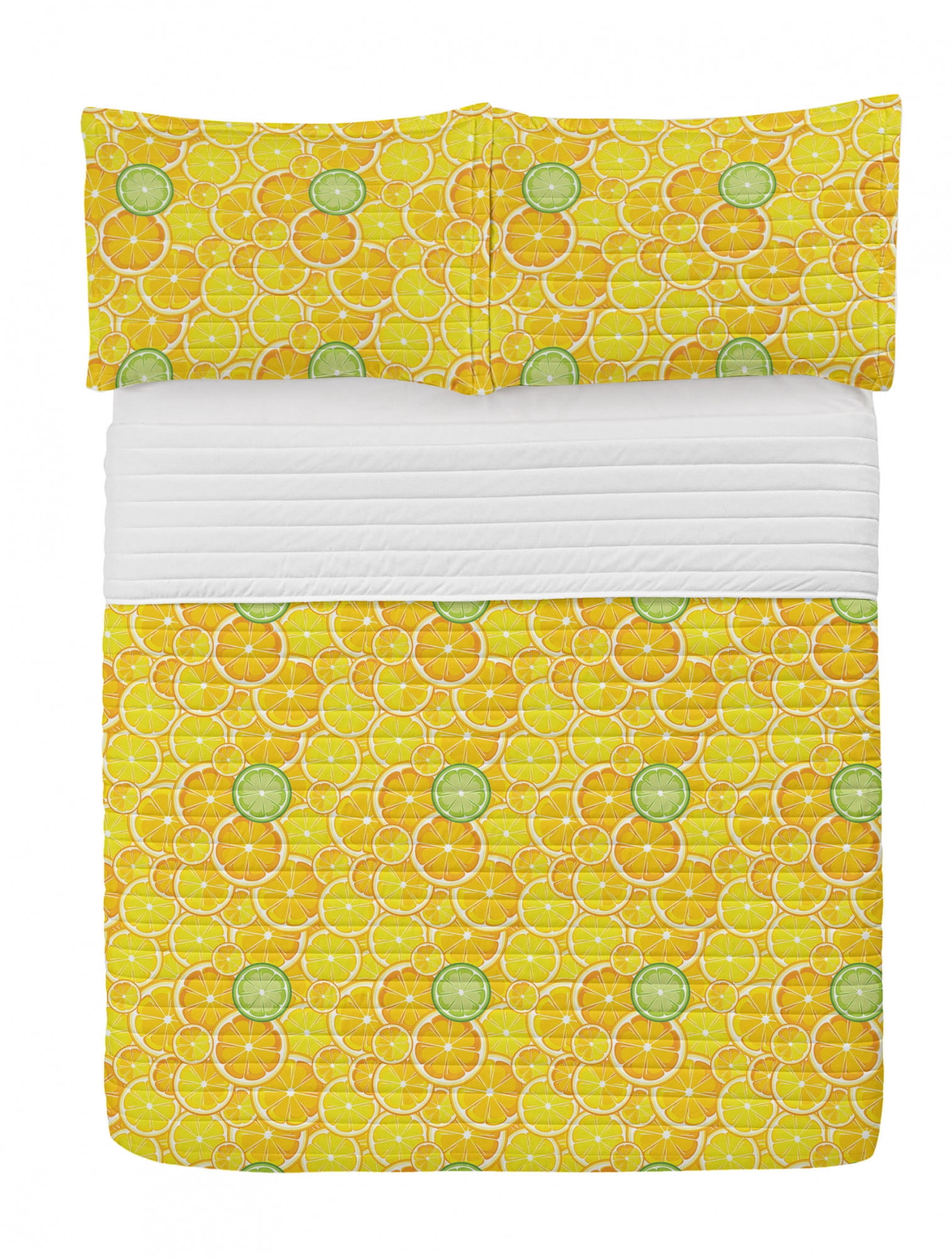 Yellow Microfiber Bedspread Set, Lemon Orange Lime Fruit Citrus Round ...