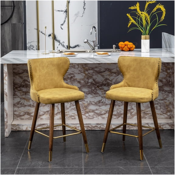 Mid-Century Style Counter Stools Set of 2, Yellow Faux Leather Bar Stools with Nailhead Accents