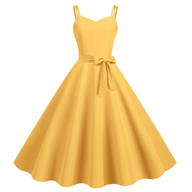 Yellow Midi Dresses for Women 2024, Polyester Long Flowy Dresses for ...