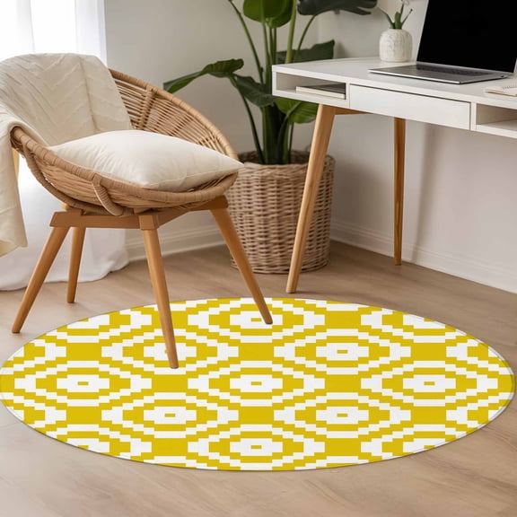Yellow Modern Geometric 3.3ft Round Rug for Bedroom Reading Corner, Abstract Square Washable Non Slip Circle Area Rug