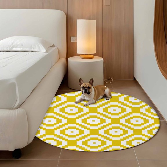 Yellow Modern Geometric 3ft Round Rug for Bathroom Accent Bedside Corner, Abstract Square Washable Non Slip Circle Area Rug for Small Spaces