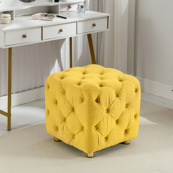 Yellow Modern Velvet Upholstered Ottoman, Exquisite Small End Table, Soft Foot Stool, Dressing Makeup Chair, Comfortable Seat for Living Room, Bedroom, Entrance 03516