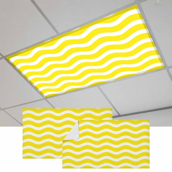 Yellow Moire Fluorescent Light Covers, Water Ripple Stripe Farmhouse Magnetic Light Covers for Ceiling Lights, Fluorescent Ceiling Shade Filters for Classroom Bedroom Office 4x2Ft x 2PCS