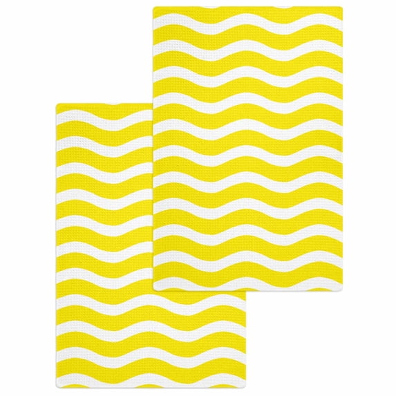 Yellow Moire Kitchen Dish Towels for Drying Dishes Set of 2, Water Ripple Stripe Farmhouse Waffle Weave Microfiber Hand Tea Bathroom Towels Quick Dry & Absorbent Towel 15.7x23.6