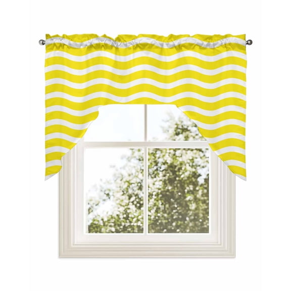 Yellow Moire Kitchen Swag Valance for Window, Rod Pocket Short Kitchen Curtains&nbsp;36 Inch Length, Water Ripple Stripe Farmhouse Swag Topper Small Window Treatment for Cafe Bathroom Bedroom