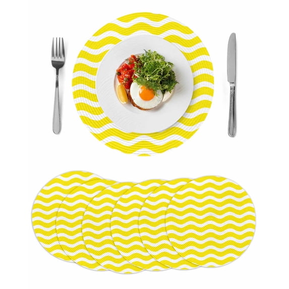 Yellow Moire Round 13 Inch Placemats Set of 6, Water Ripple Stripe Farmhouse HeatResistant Non Slip Place Mats for Dining Table, Wipeable Braided Kitchen Table Mats for Housewarming