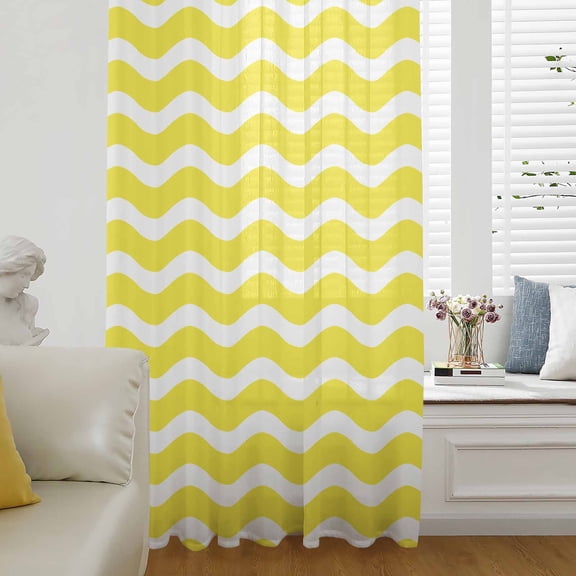 Yellow Moire Semi Sheer Curtains Drapes for Living Room, Bedroom, French Doors Window 45 Inches Long, Water Ripple Stripe Farmhouse Rod Pocket Chiffon Curtain Drapery Voile Draperies Panel