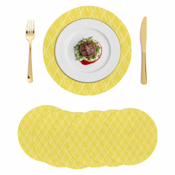 Yellow Moire Waves Round 15 Inch Placemats Set of 6, Modern Abstract Art Geometric HeatResistant Non Slip Place Mats for Dining Table, Wipeable Braided Kitchen Table Mats for Housewarming