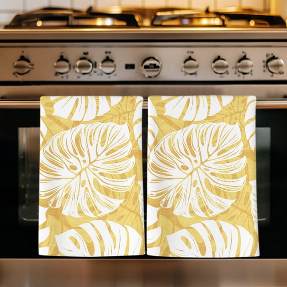 Yellow Monstera Deliciosa Kitchen Towels Set of 4, Summer Botanical Tropical Absorbent Dish Towels for Kitchen, Microfiber Hand Towel, Quick Drying Tea Towel for Cleaning Decorative Dishcloths