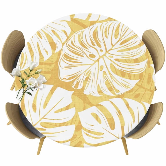Yellow Monstera Deliciosa Round Tablecloth 45-54 Inch Round Fitted Table Cloth with Elastic Edge, Summer Botanical Tropical Waterproof Table Cover Protector for Outdoor Picnic Party Dining