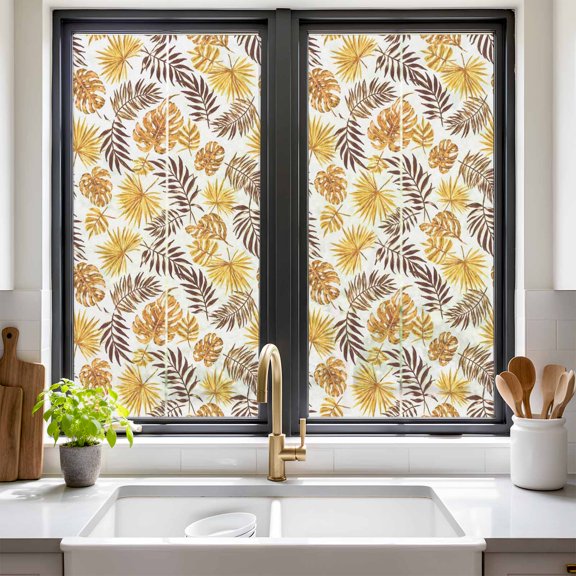 Yellow Monstera Leaf Window Privacy Film Rustic Brown Palm Fronds Fern Branches Non Adhesive Window Cling Stickers Static Cling Glass Decals for Home Party Decoration 17.7 x 39.3 in