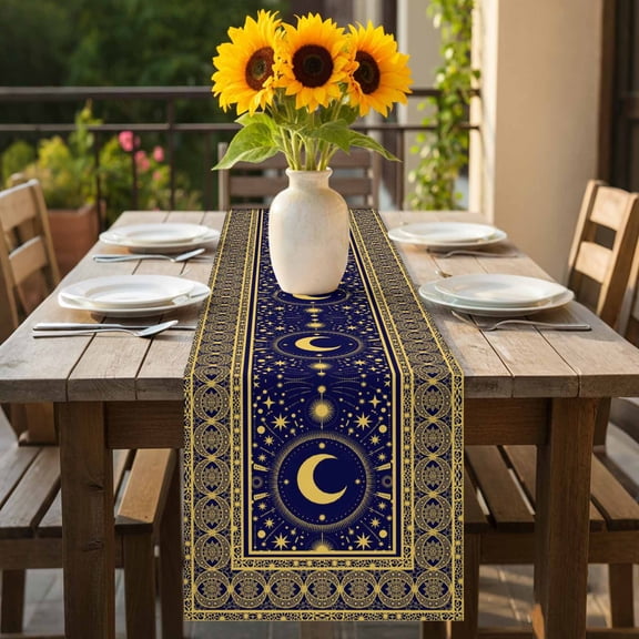 Yellow Moon Star Dark Blue Table Runner 36 Inches Long,Kitchen Dining Tablerunners Traditional Ethnic Style Linen Table Runners Dresser Scarves for Home Dinner Wedding Holiday Party Decor