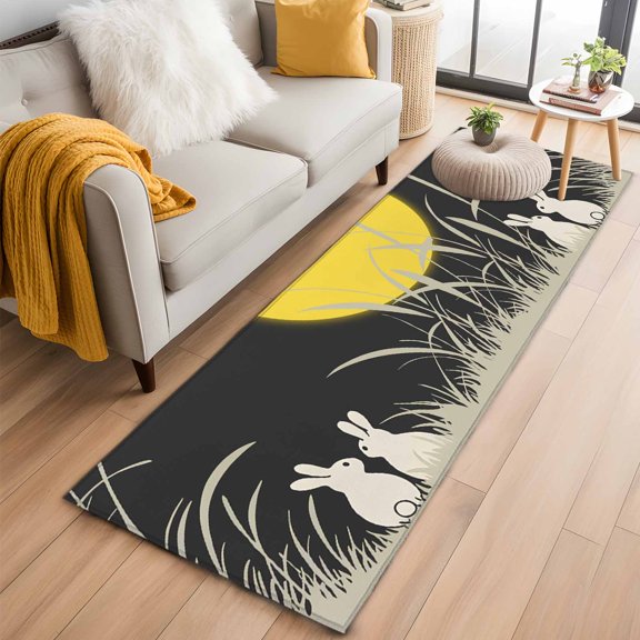 Yellow Moonlight 2'x6' Runner Rugs for Hallway Kitchen Bedside Non Slip Washable, Modern Rustic Rabbits Botanical Entryway Rug Runners with Rubber Backing, Long Carpet Runner for Laundry Room