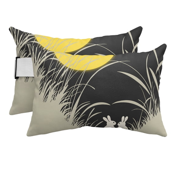 Yellow Moonlight Outdoor Pillows for Chaise Lounge Chair Beach Headrest Pillow Set of 2 Waterproof Lumbar Pillows with Insert&Strap Modern Rustic Rabbits Botanical Pillow for Patio Pool 12"x20"