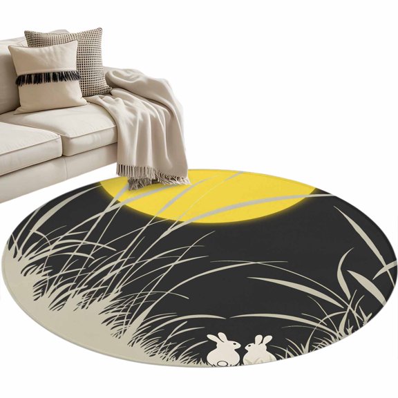 Yellow Moonlight Round Area Rugs Collection 3', Modern Rustic Rabbits Botanical Non Slip Indoor Circular Throw Runner Rug Floor Mat Carpet for Living Room Dining Table Bedroom Nursery