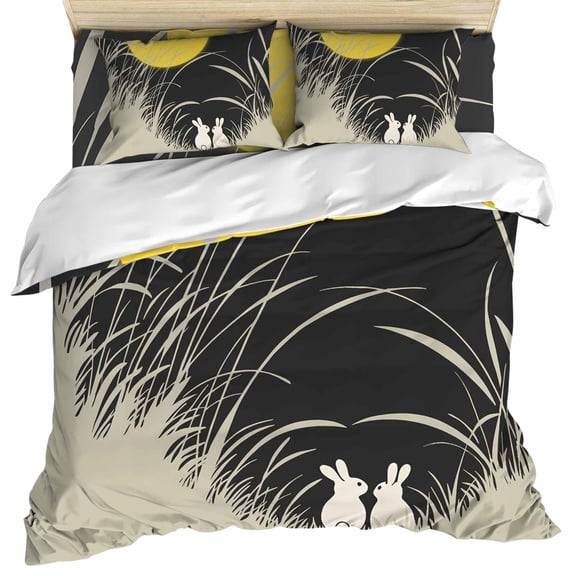 Yellow Moonlight Set of 4 Bedding Quilt Covers, Modern Rustic Rabbits Botanical 4-Piece Bed Sheet Set with Extra Soft Bed Sheets Quilt Cover Pillowcase, Twin