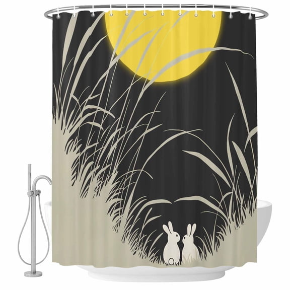 Yellow Moonlight Shower Curtain Set - Small 36" x 72" Washable Bathtub Curtain with 12 Hooks, Modern Rustic Rabbits Botanical Waterproof Fabric Stall Shower Curtains for Bathroom/Bathtub Décor