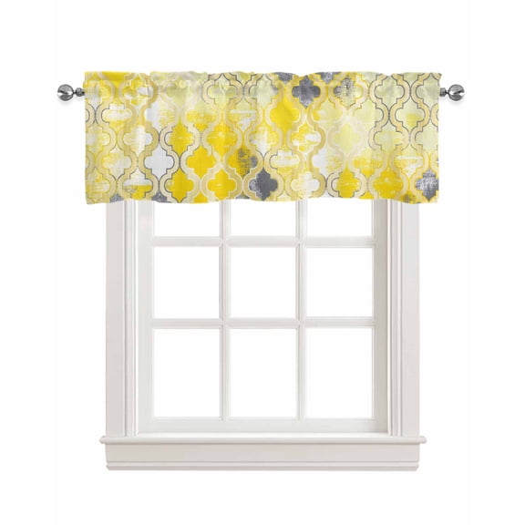 Yellow Moroccan Linen Curtain Valance for Bedroom/Bathroom/Kitchen/Living/Dining Room Window,Modern Geometric Shabby Chic Grey Trellis Pocket Topper Drapes Decorative Cafe Drapery Panel 42"x18"