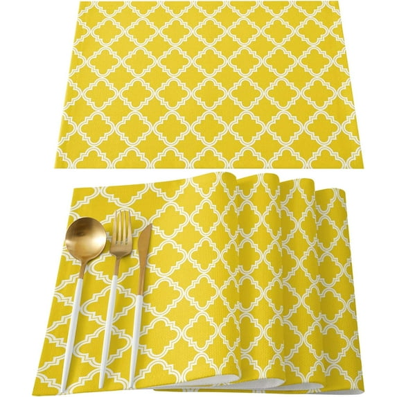 Yellow Moroccan Placemats for Dining Table Set of 6, Moroccan Tile Quatrefoil Table Mats Stain Resistant Heat Insulation Non-Slip Washable Table Decoration for Kitchen, Geometric Series