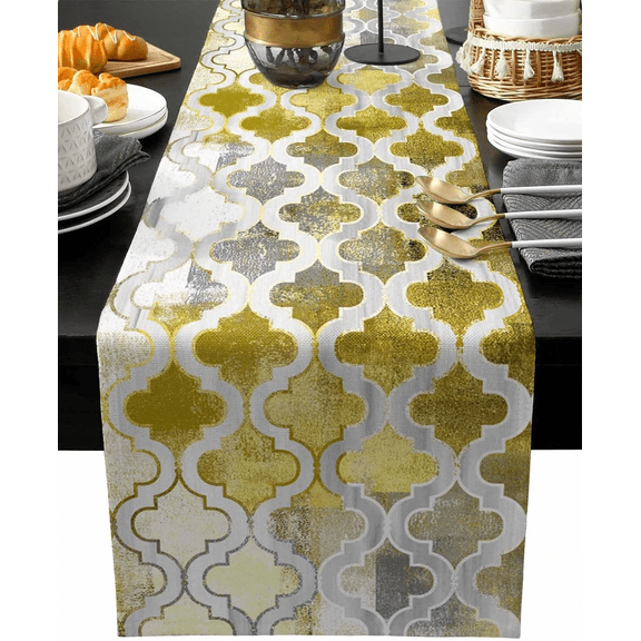 Yellow Moroccan Table Runner 72 Inches Long - Kitchen Dining Burlap Moroccan Tablerunner for Small/Round/Square/Wedding/Coffee/Dining Table Party Home Dcor Modern Geometric Shabby Chic Grey Trellis