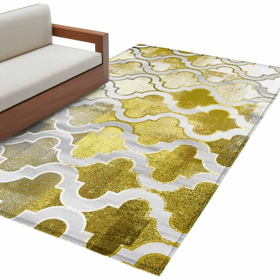 Yellow Morocco Area Rug 3x5 FT, Non Slip Entryway Bedside Carpet, Retro Grey Foil Painting Grunge Tribal Washable Soft Floor Carpet Indoor Mat Non-Shedding Throw Rug for Dorm Kitchen Home Office