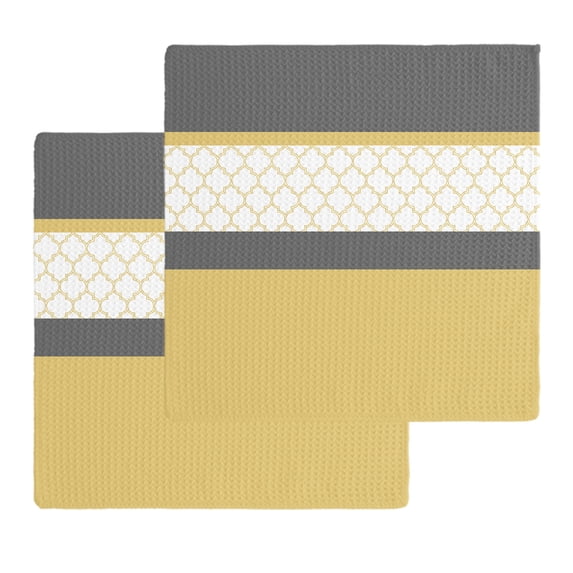 Yellow Morocco Kitchen Dish Towels for Drying Dishes Set of 2, Geometric Grey Stripes Modern Waffle Weave Microfiber Hand Tea Bathroom Towels Quick Dry & Absorbent Towel 12x12