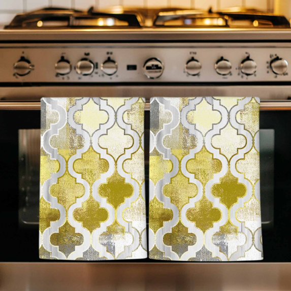 Yellow Morocco Kitchen Towels Set of 1, Retro Grey Foil Painting Grunge Tribal Absorbent Dish Towels for Kitchen, Microfiber Hand Towel, Quick Drying Tea Towel for Cleaning Decorative Dishcloths