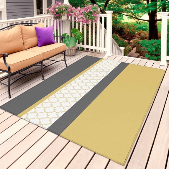 Yellow Morocco Outdoor Rug for Patio/Deck/Porch, Non-Slip Large Area Rug 3 x 5 Ft, Geometric Grey Stripes Modern Indoor Outdoor Rugs Washable Area Rugs, Reversible Camping Rug Carpet Runner