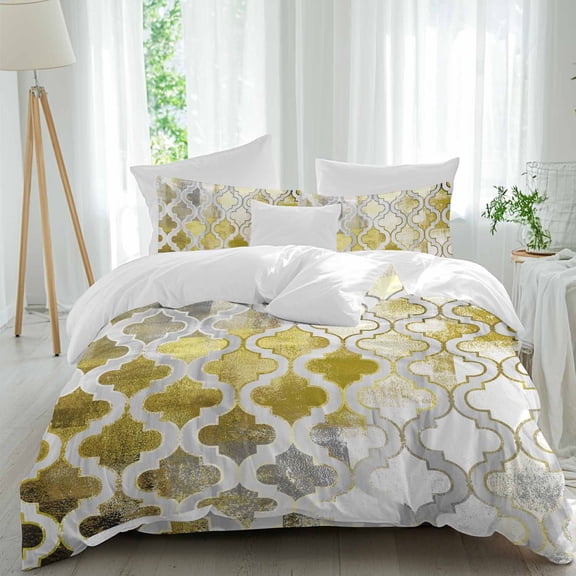 Yellow Morocco Queen Size Comforter Set, Abstract Retro Tribal Geometric Ethnic Bedding for All Seasons, 4 Pcs Bed Set, 1Quiltcover (90"x92") ,1Sheet(94"x116"), 2Pillowcases (30"x20")