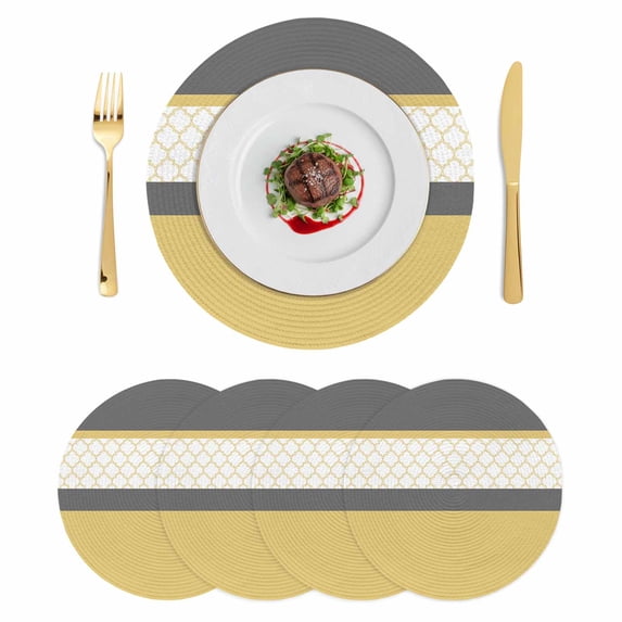 Yellow Morocco Round 13 Inch Placemats Set of 4, Geometric Grey Stripes Modern HeatResistant Non Slip Place Mats for Dining Table, Wipeable Braided Kitchen Table Mats for Housewarming