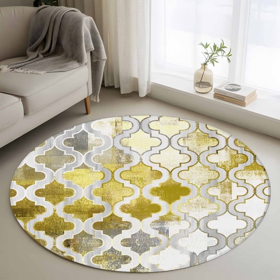 Yellow Morocco Round Area Rug 3.3 FT, Non Slip Small Entryway Kitchen Mat, Retro Grey Foil Painting Grunge Tribal Washable Soft Circular Rug Non-Shedding Door Mat for Bathroom Playroom Kids Room