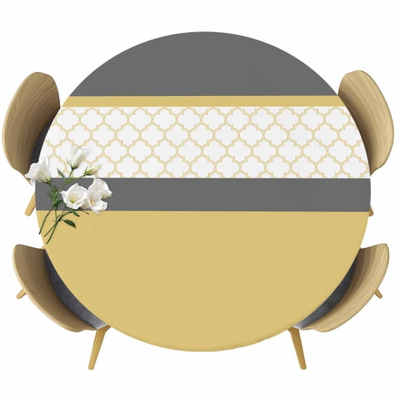 Yellow Morocco Round Tablecloth, Fitted Table Cover with Elastic for 36"-44" Round Tables, Geometric Grey Stripes Modern Table Cloth Outdoor Indoor Dinning Party Waterproof Tablecloths