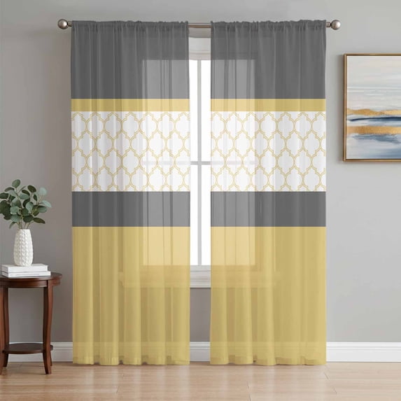 Yellow Morocco Sheer Curtains 72 Inch Length 2 Panels Set, Geometric Grey Stripes Modern Voile Window Treatment Rod Pocket Curtains Sheers Drapes for Bedroom/Living Room/Kitchen 52"x72"x2