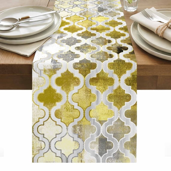 Yellow Morocco Table Runner - 60 Inch Long, Kitchen Dining Table Runner Dresser Scarves, Retro Grey Foil Painting Grunge Tribal Farmhouse Decor for Coffee Tables Wedding Party Banquet