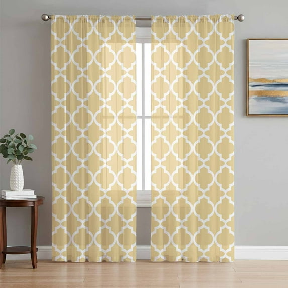 Yellow Moroccon Semi Sheer Curtains 72 Inch Length 2 Panels Set, Farmhouse Minimalist Ethnic Geometric Sheer Kitchen Curtain Privacy Voile Window Curtain for Living Room Bedroom Rod Pocket Drapes