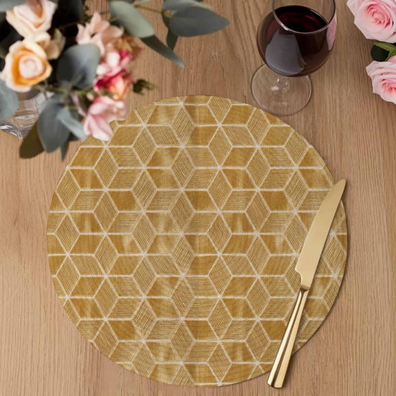 Yellow Mosaic Checkered Round Braided Placemats Set of 1, Modern Abstract Geometric Minimalist Plaid Heat Insulation Place Mats Washable Non-Slip Table Mats for Kitchen Dining Party, 13 Inches