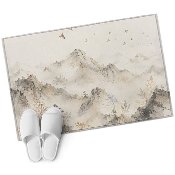 Yellow Mountain Bathroom Rug Washable 2x3 Entryway Rug Non Slip Rustic Mist Forest Trees Birds View Front Door Mat Low Pile Indoor Doormat Throw Floor Carpet for Kitchen Bedroom Entrance