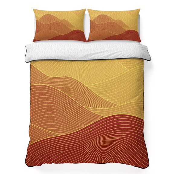 Yellow Mountain Ridges 3 Piece Quilt Bedding Set with 2 Pillow Shams, Orange Ombre Fluid Lines Mountains Abstract Lightweight Bedspread Coverlet, Soft Breathable All Season Quilt, 96 x 106 Inch