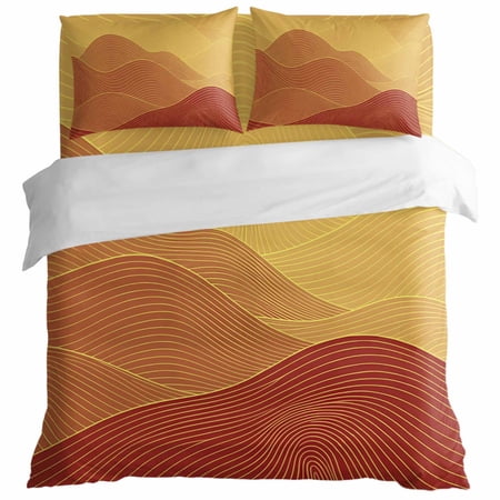 Yellow Mountain Ridges Duvet Cover Set Full Size, Orange Ombre Fluid Lines Mountains Serene Abstract 4 Piece Bedding Set with Zipper Closure & Corner Ties Soft Breathable Comforter Cover for Bedroom