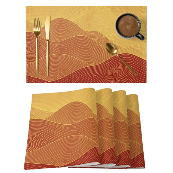 Yellow Mountain Ridges Placemats Set of 1, Orange Ombre Fluid Lines Mountains Serene Abstract Non-Slip Place Mats Washable Table Mats for Kitchen Dining Table Decorations Indoor/Outdoor