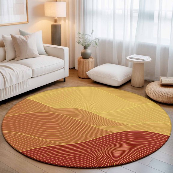 Yellow Mountain Ridges Small Round Rug 3Ft Orange Ombre Fluid Lines Mountains Serene Abstract Area Rugs Washable Non Slip Indoor Floor Mats Circle Carpet for Living Room Bedroom Dining Room Decor