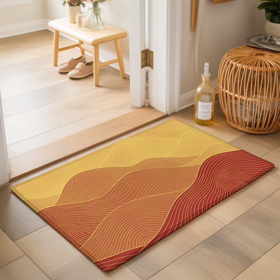 Yellow Mountain Ridges Washable Small Entryway Area Rugs 2'x3', Orange Ombre Fluid Lines Mountains Serene Abstract Washable Rug Non-Slip Sturdy Edge Binding Carpet for Front Door Floor Room Entry