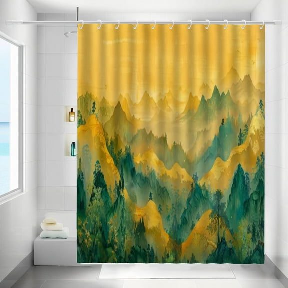 Yellow Mountain Shower Curtains Forest Nature Waterproof Bathroom Curtains with Hooks Rustic Woodland Tree Landscape Bathtub Curtain Men Bath Decor